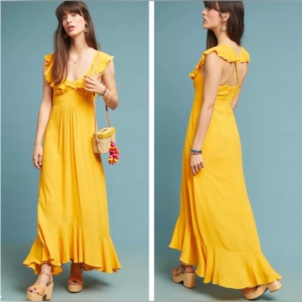 Anthropologie Sunny Yellow Ruffle-Trim Maxi Dress, 70’s inspired